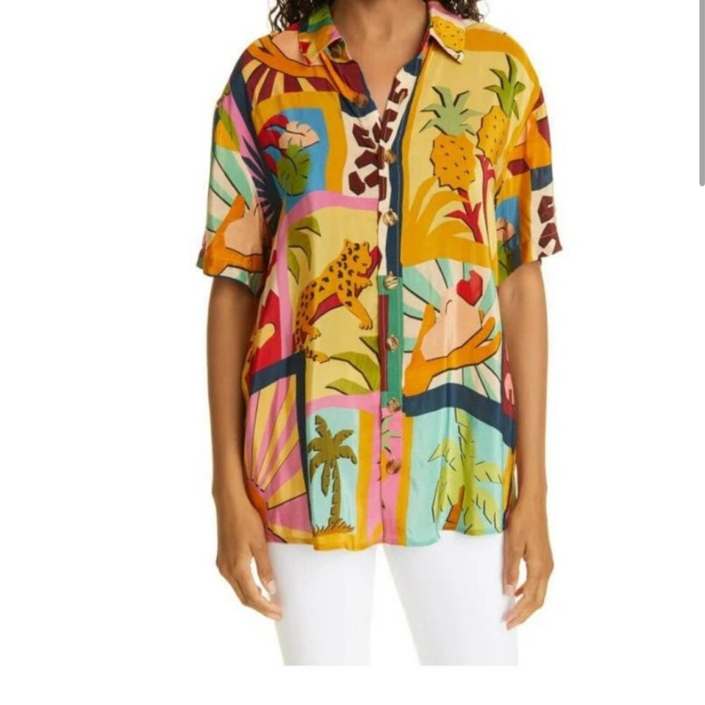 FARM Rio Tropical Collage Pajama Shirt Silky Viscose Blouse